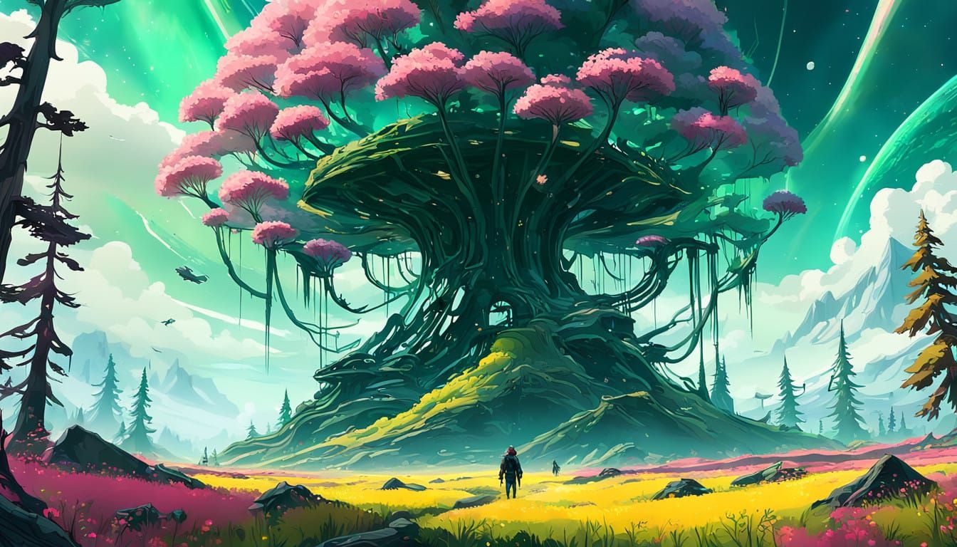 Glowing Wildflowers in a Futuristic Meadow under an Aurora-L...