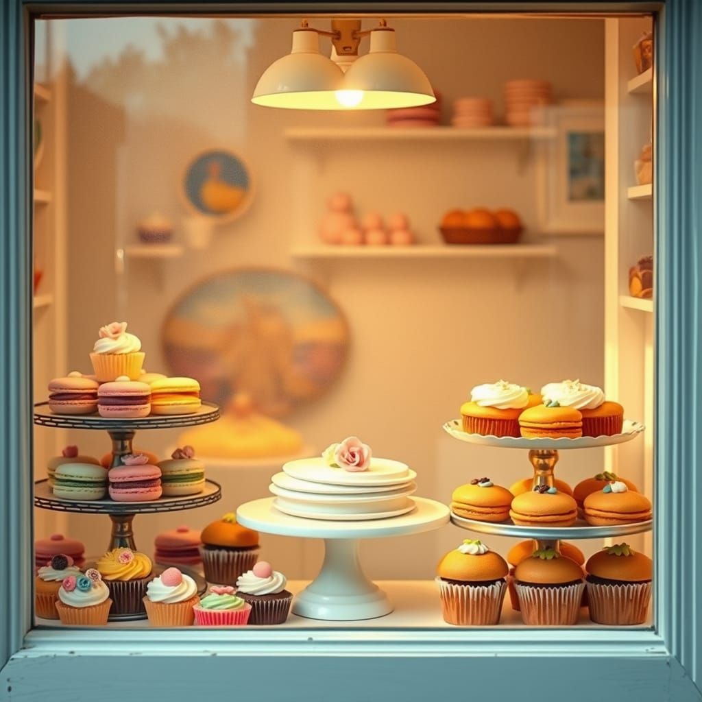 Bakery Window with Whimsical Treats in Impressionist Style