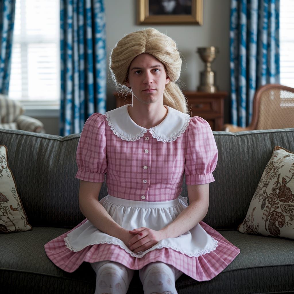 Young Man in Plaid Minidress on Sofa