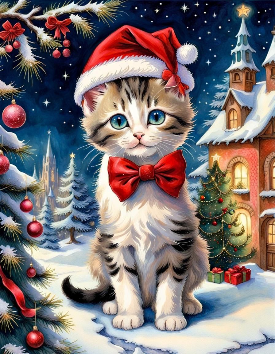 Festive Christmas Card with Kitten in Silhouette Style