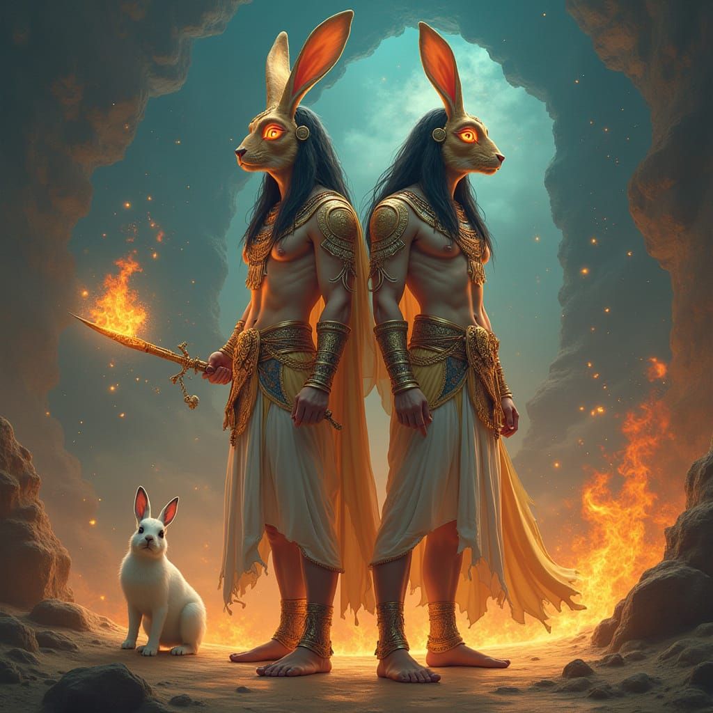 Egyptian Gemini Twins Defend Fire Rabbit God
