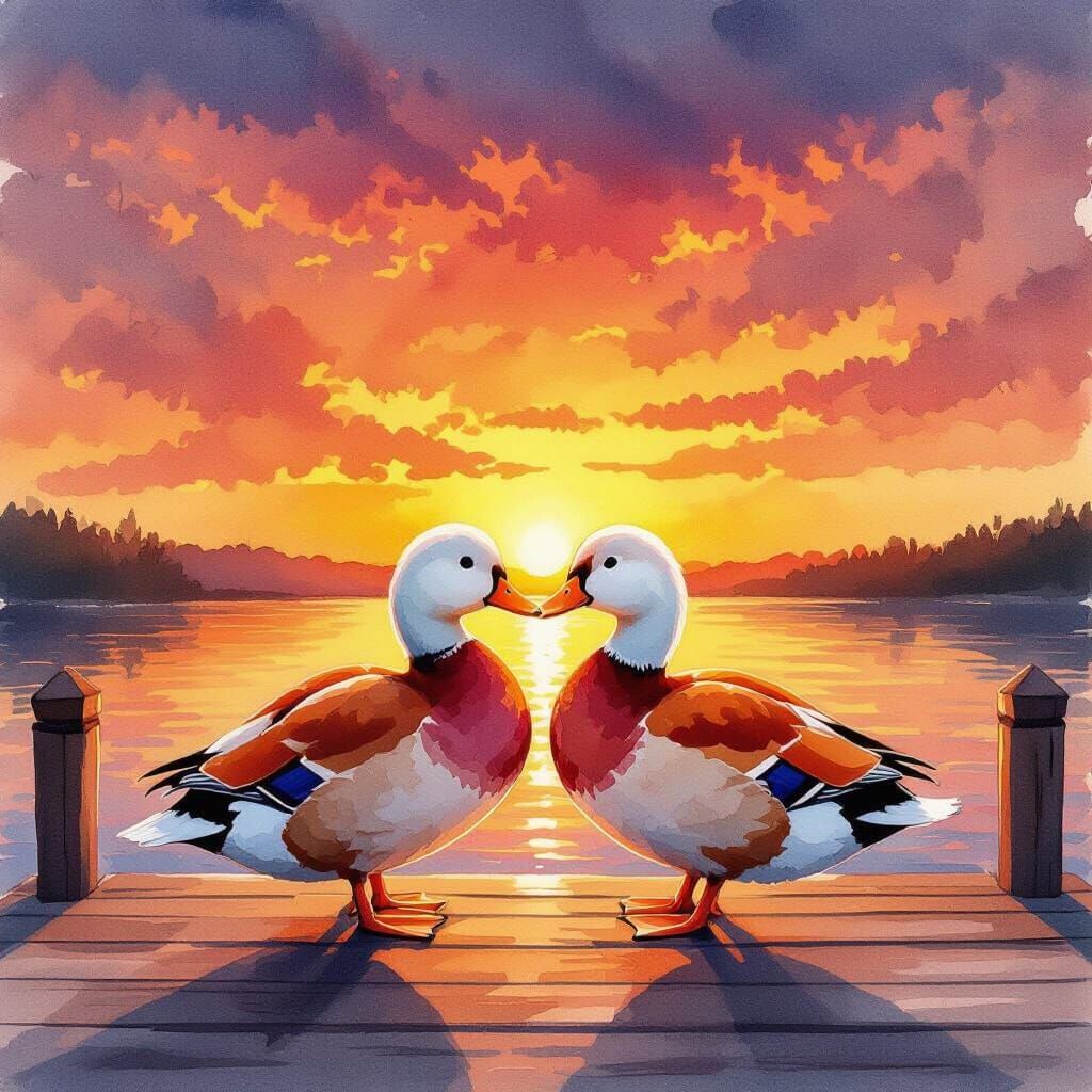Rose Quartz Ducks Kissing at Sunset, Watercolor Style