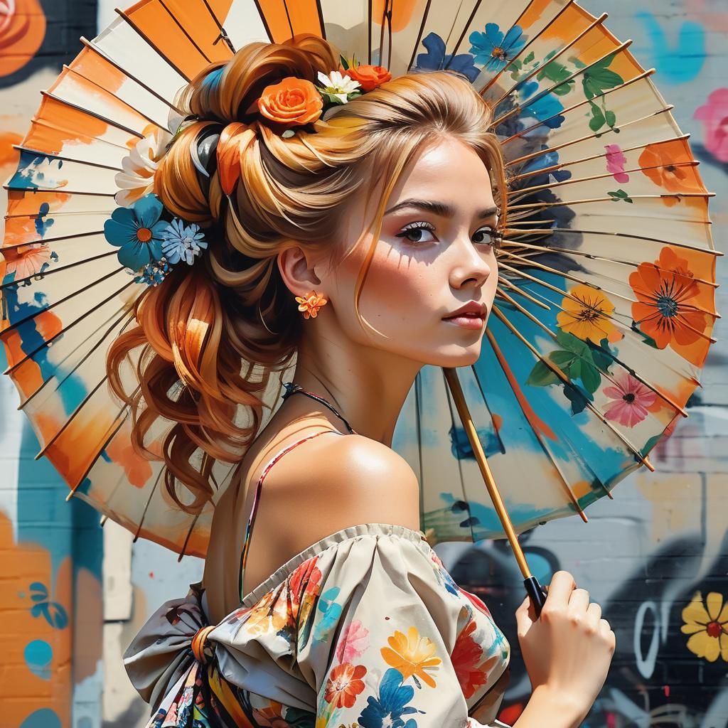 Woman with Parasol in Vibrant Street Art Style