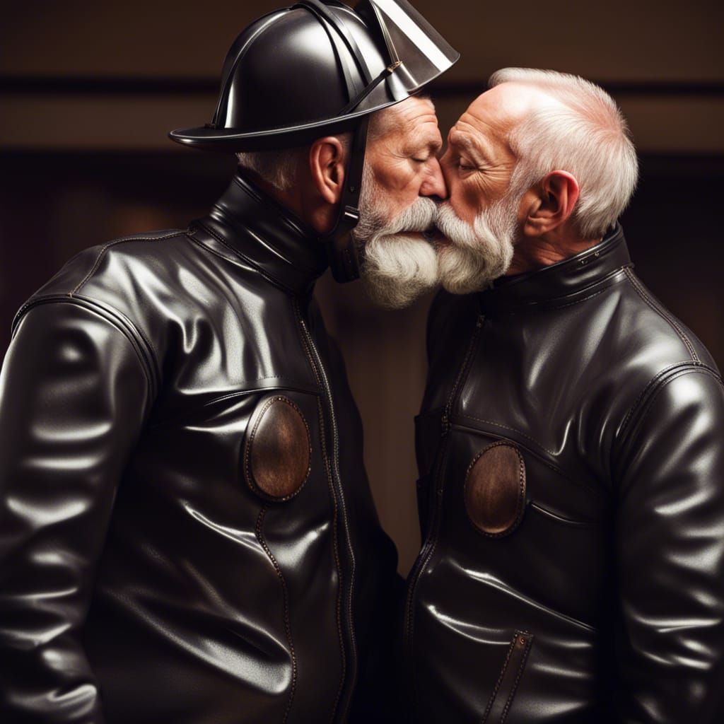 Firefighters Kissing in Leather and Latex Suits