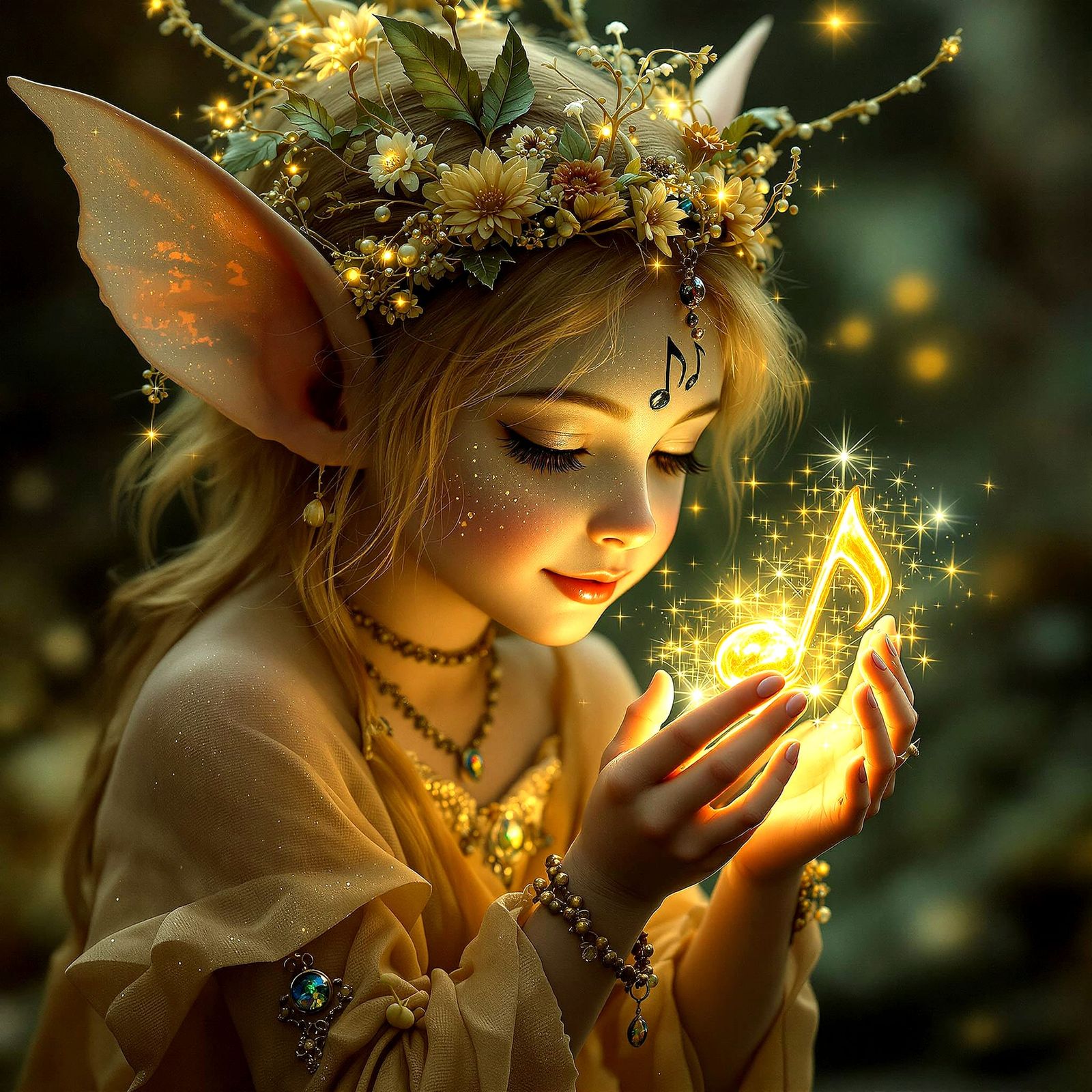 Adorable Fairy Playing With Glowing Music Note