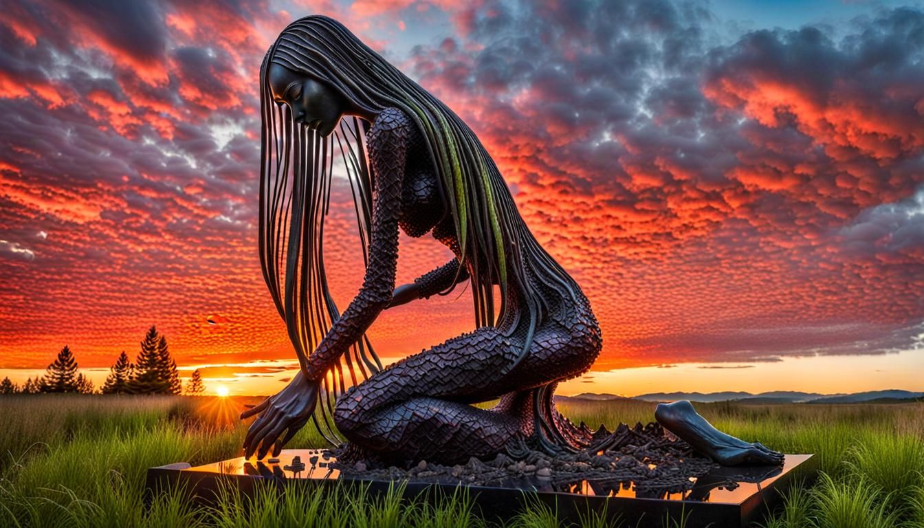 Surreal Fragmented Sculpture of Woman at Sunset