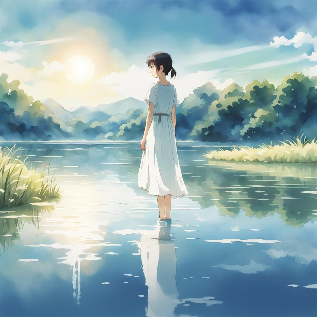 Anime Woman at Summer Lake in Watercolor Style