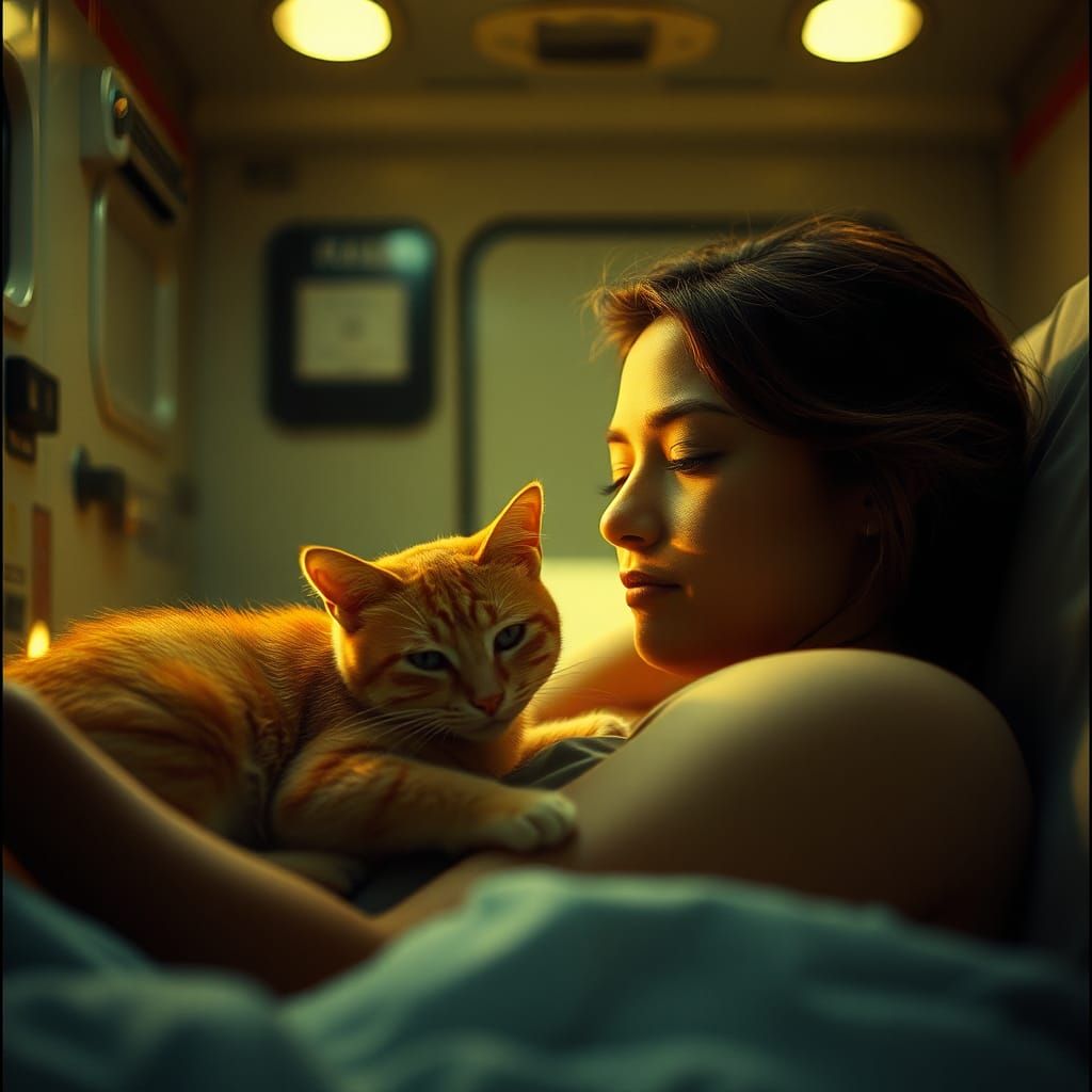 Orange Cat Comforts Woman in Ambulance: Cinematic Still