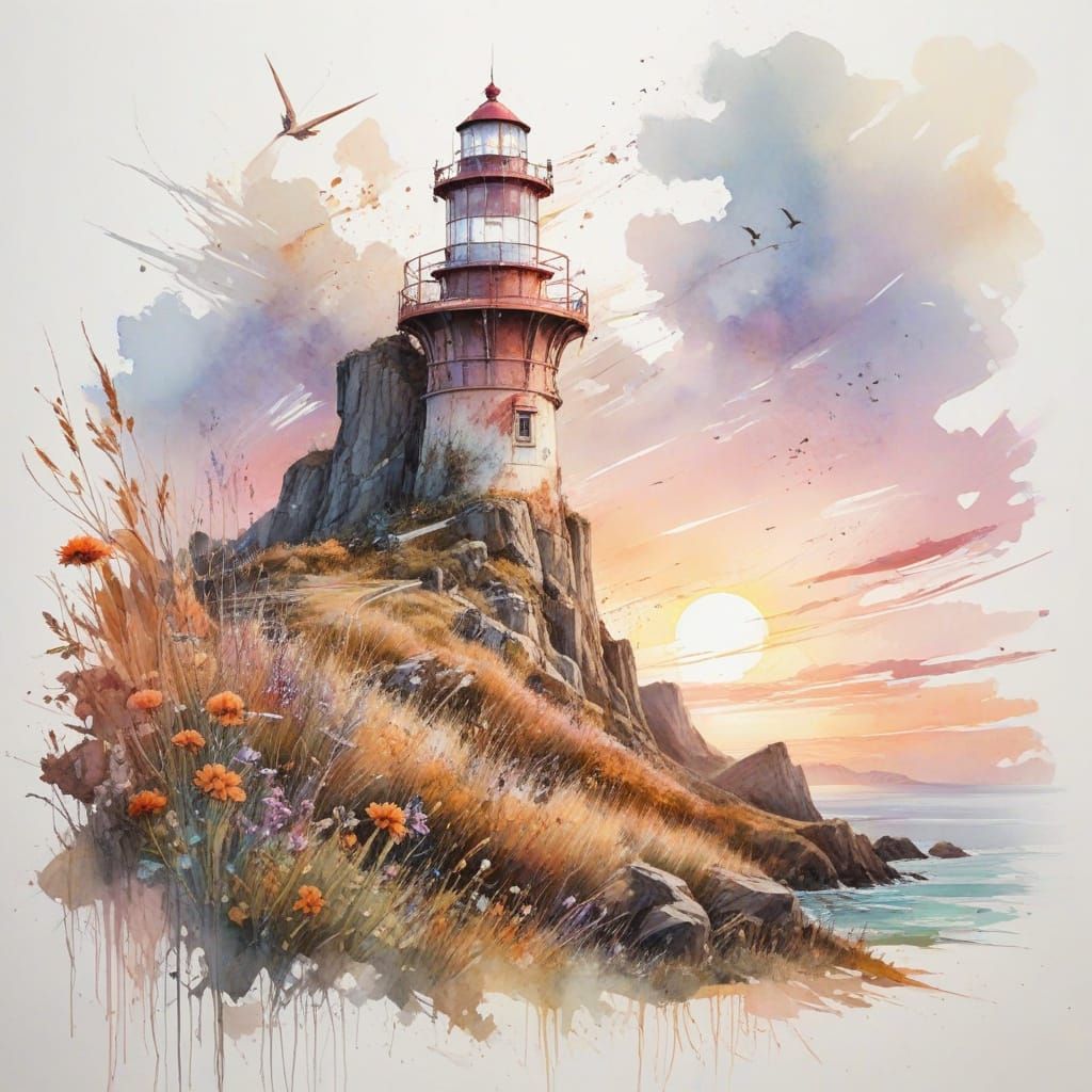 Autumn Lighthouse Amidst Vibrant Wildflowers and Hills