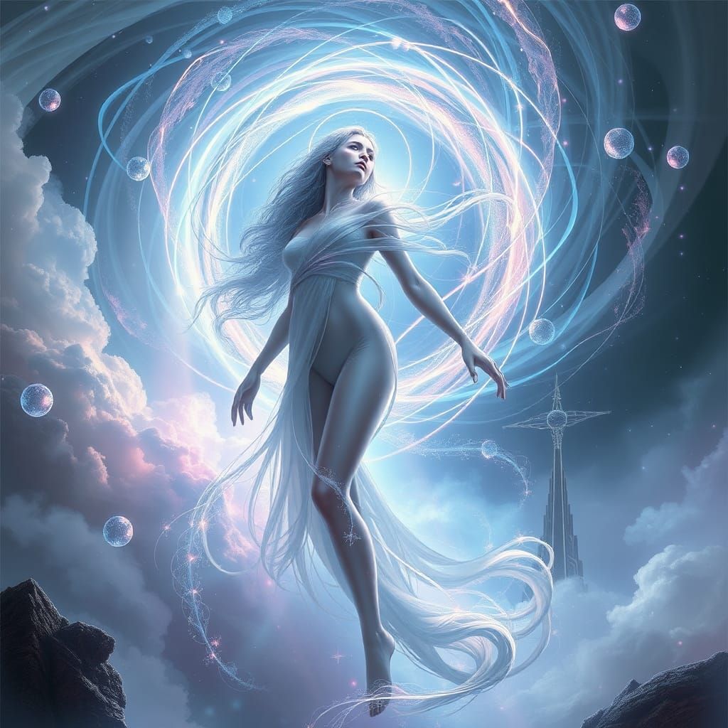 Mystical Being Pneuma in Futuristic Cyberpunk Landscape