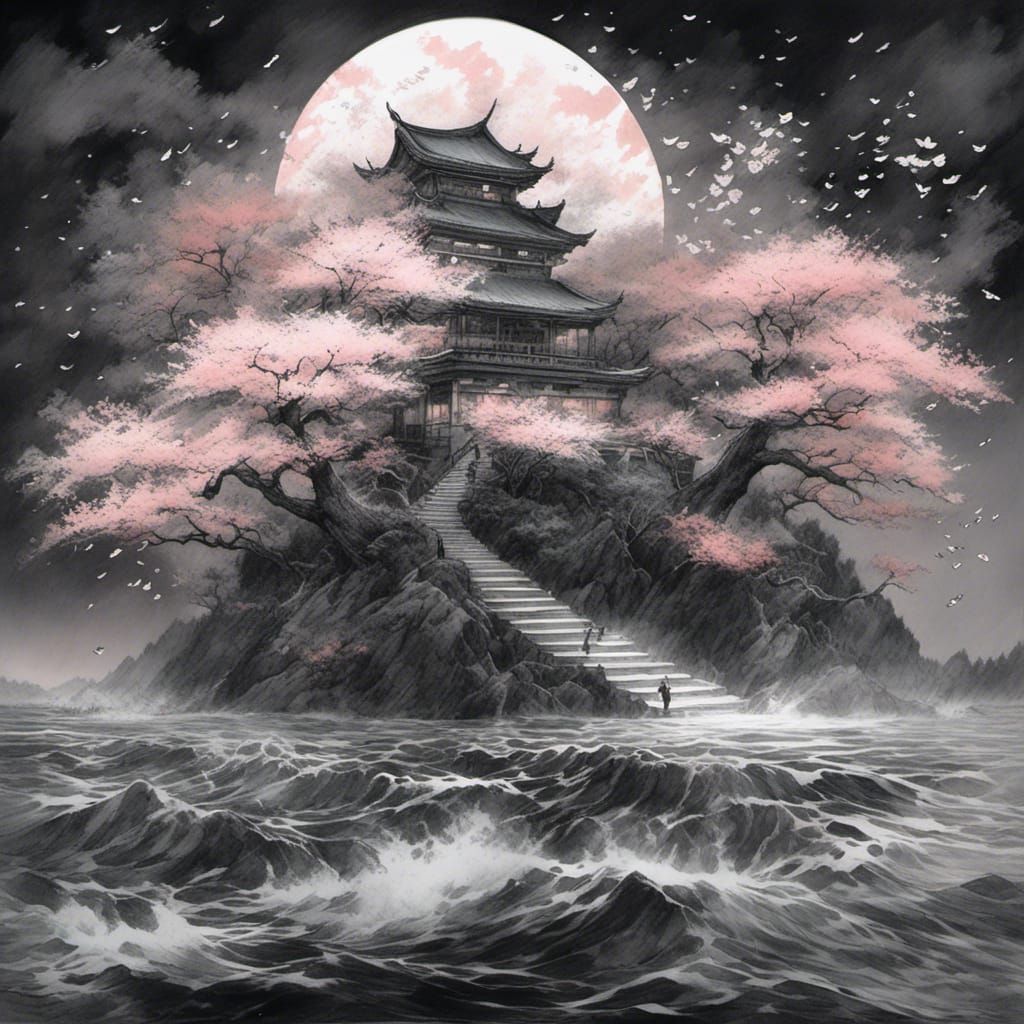 Charcoal Night Scene: Cherry Blossoms on the Wind