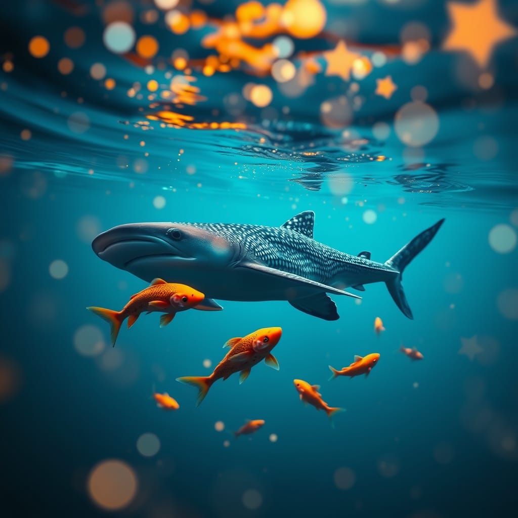Whale Shark and Golden Koi in Bioluminescent Sea