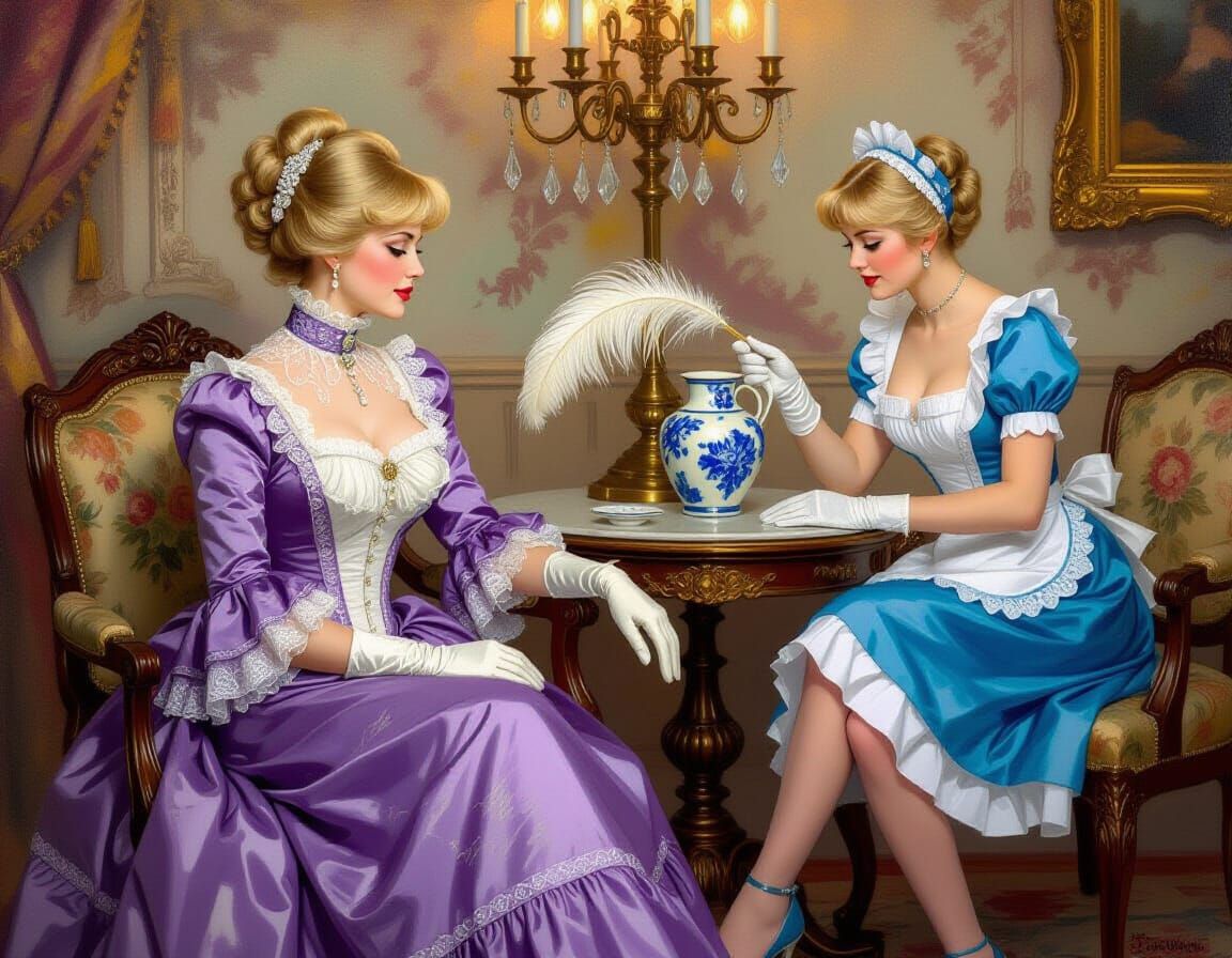 Victorian Elegance: Woman and Maid in Opulent Room