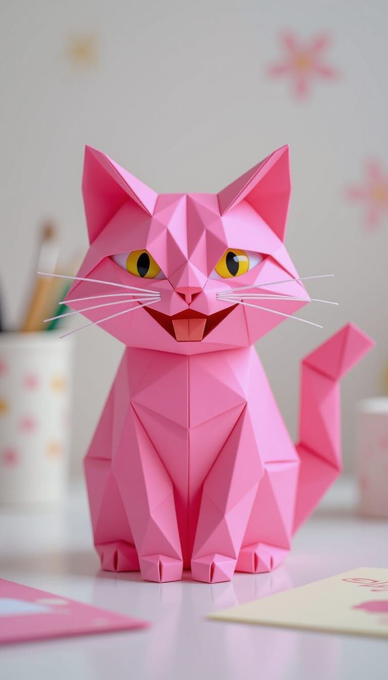Bright Pink Origami Cat Smile Papercraft