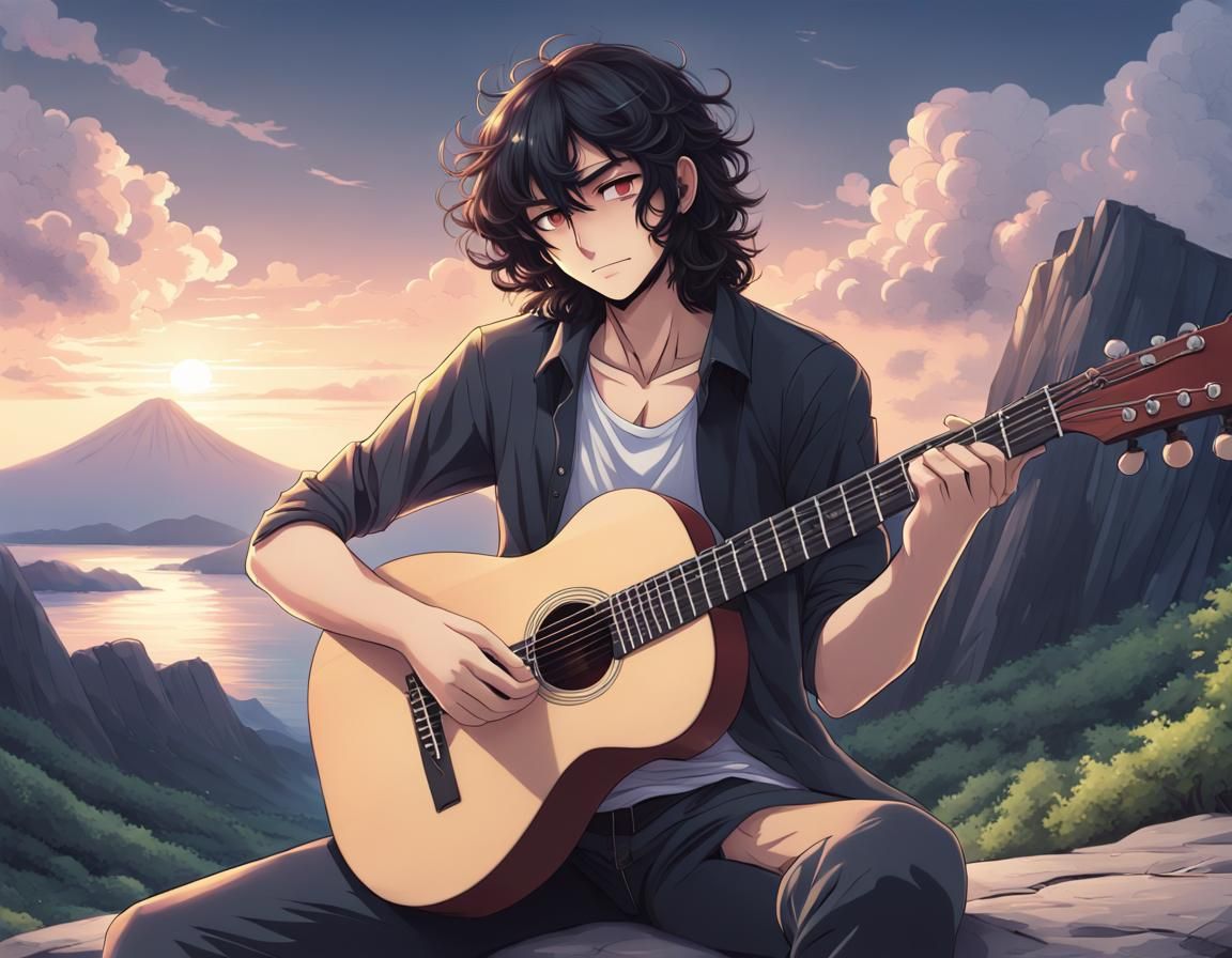 Anime Man Playing Guitar in Detailed 4k Landscape