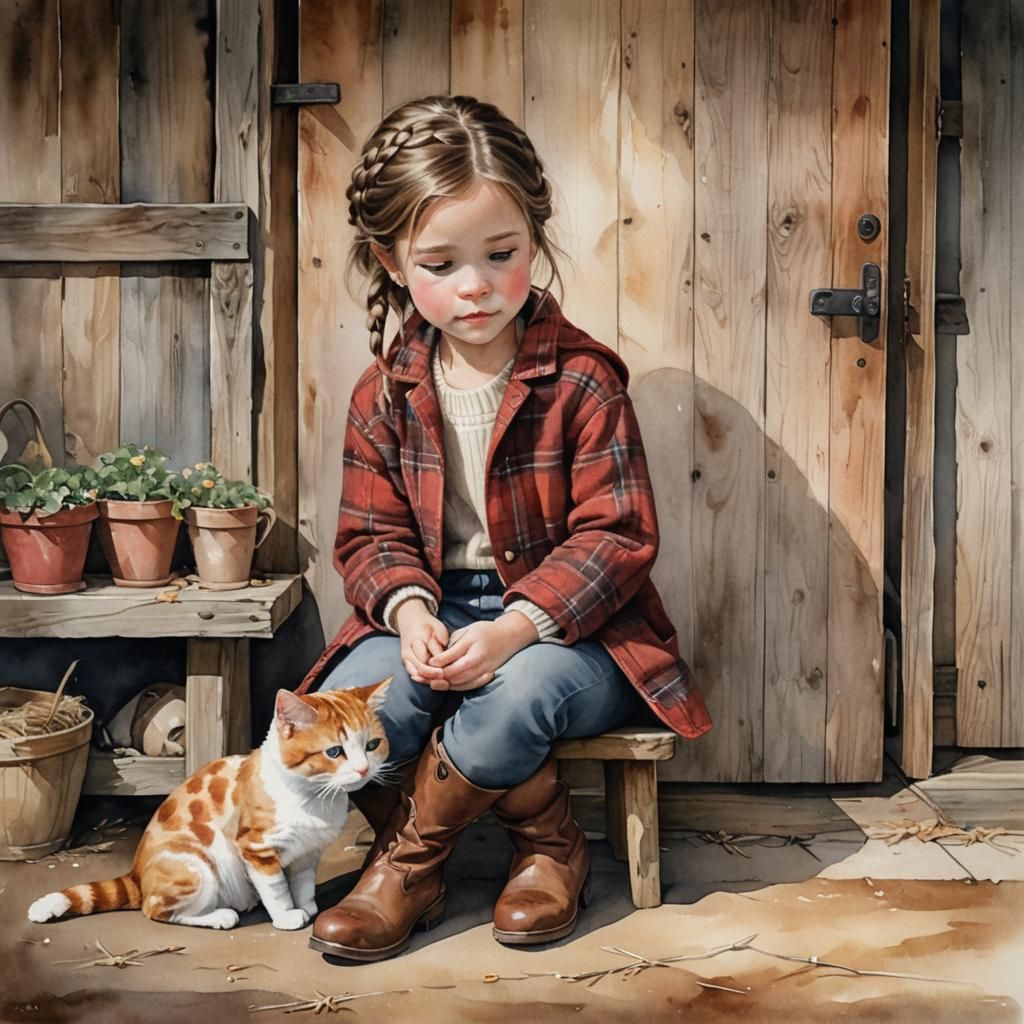 Girl and Cat in Serene Barn Door, Watercolor Style