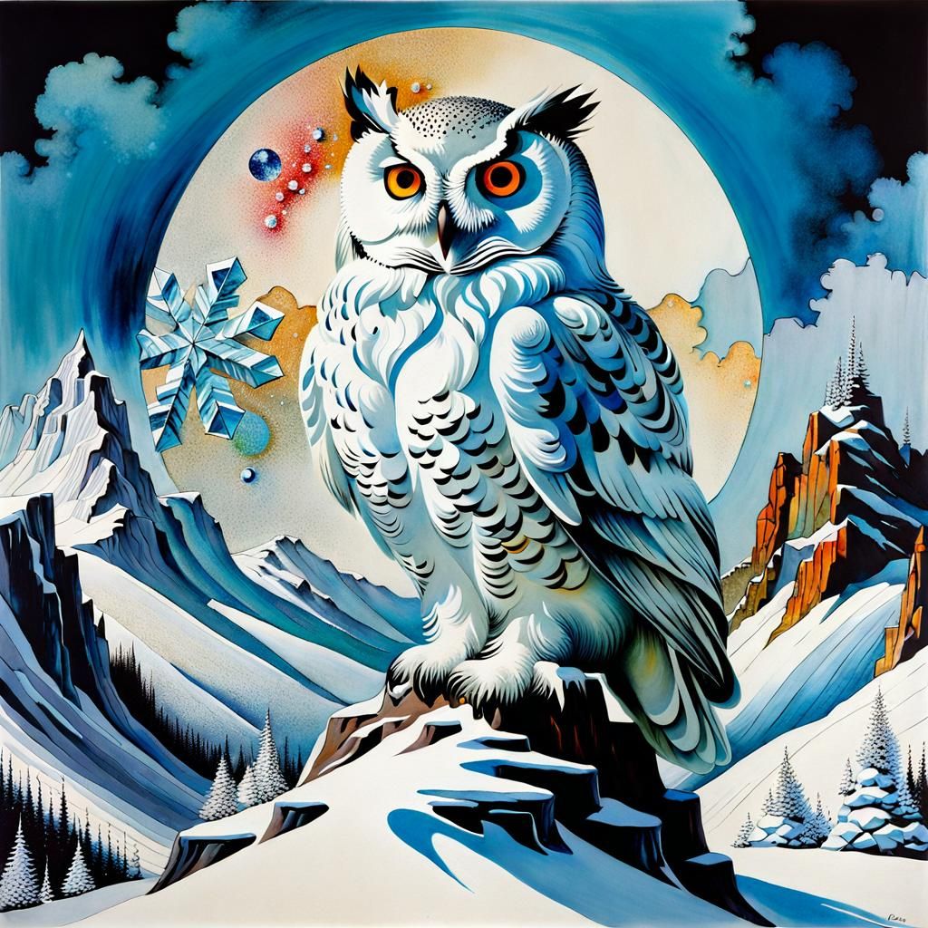 Crystalline Snow Owl on Mountaintop, Abstract Art