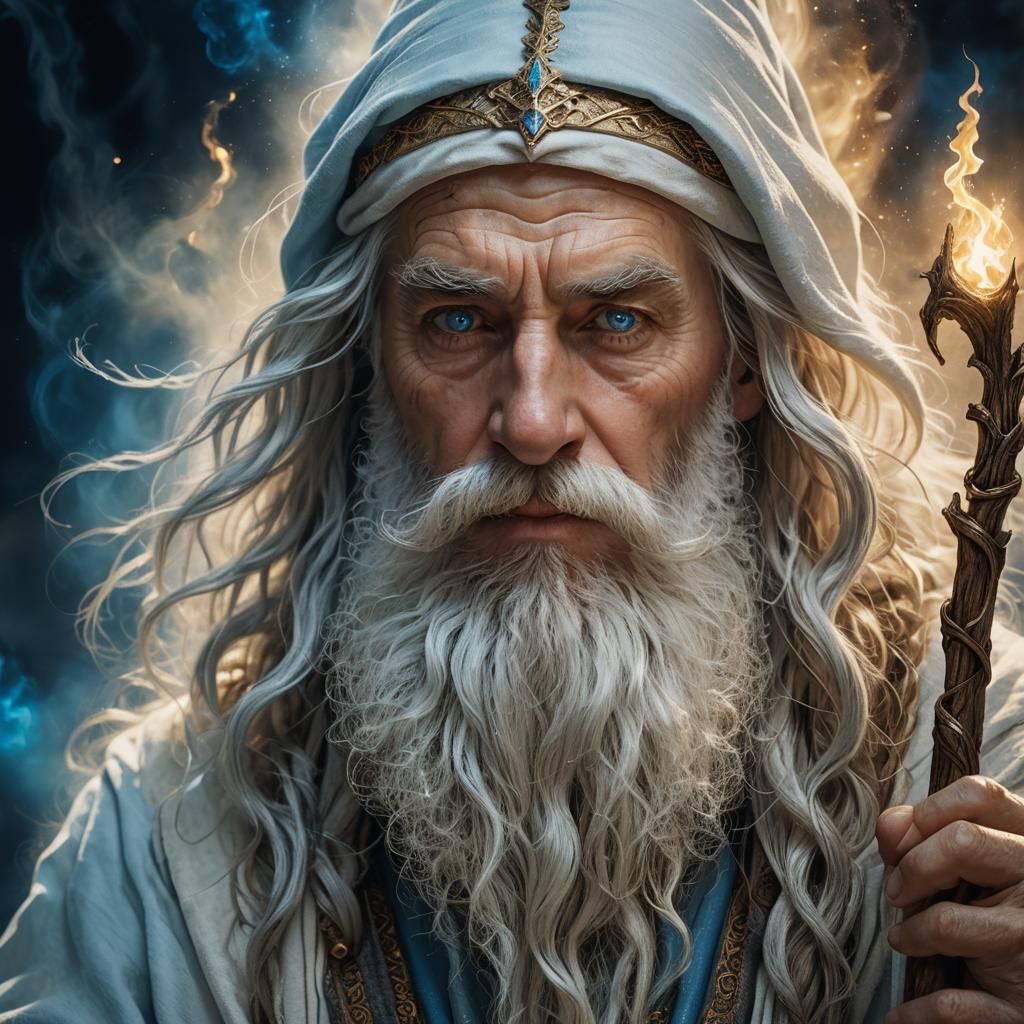 Wise Wizard Portrait with Glowing Staff in Magical Realism