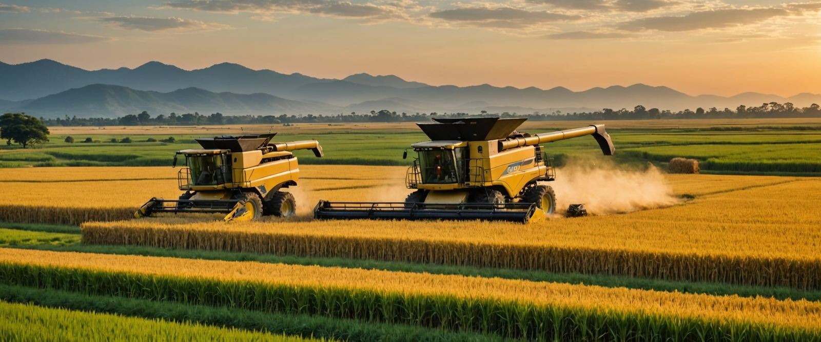 Golden Harvest: Combine Harvester in Agricultural Sunset