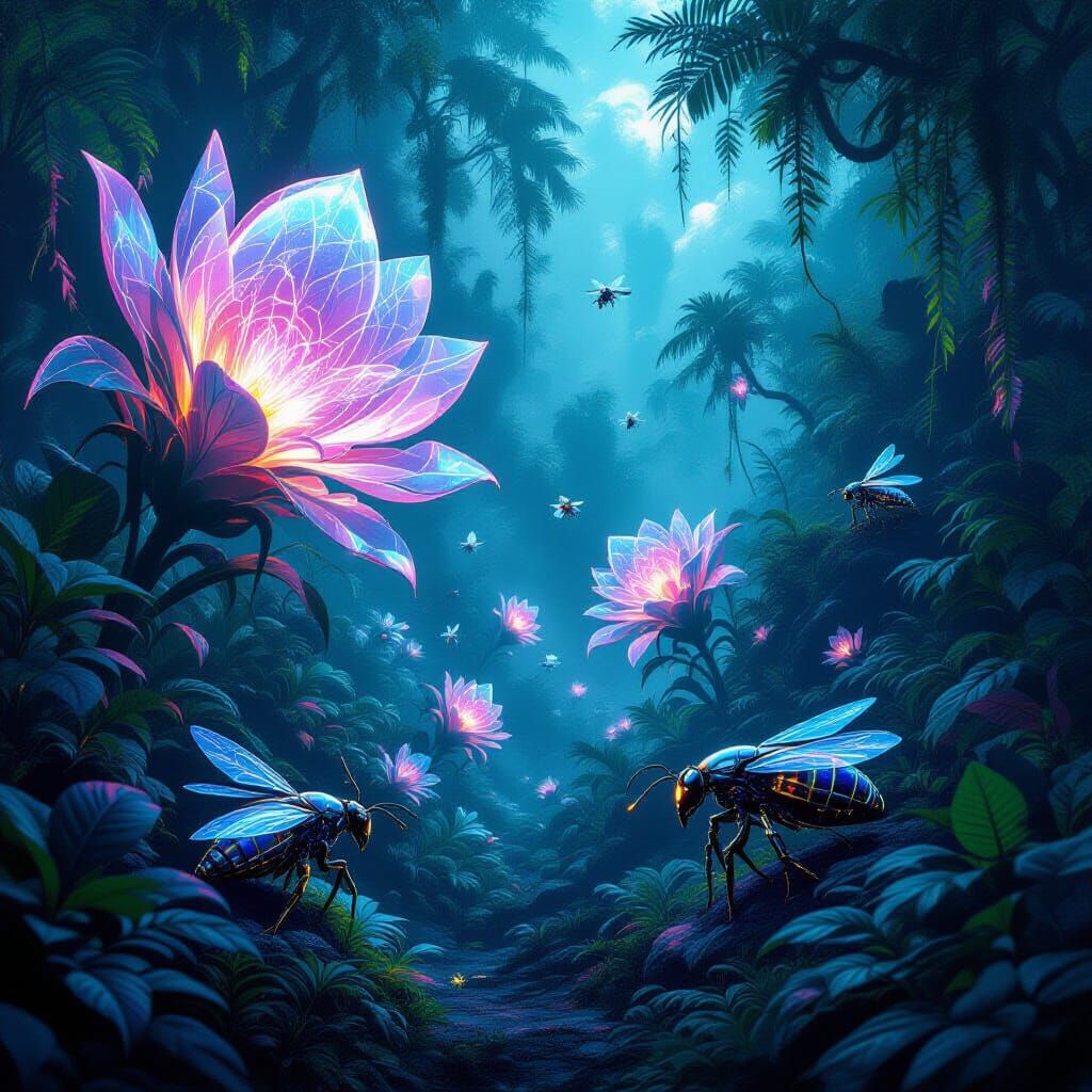 Bioluminescent Alien Jungle with Living Machines
