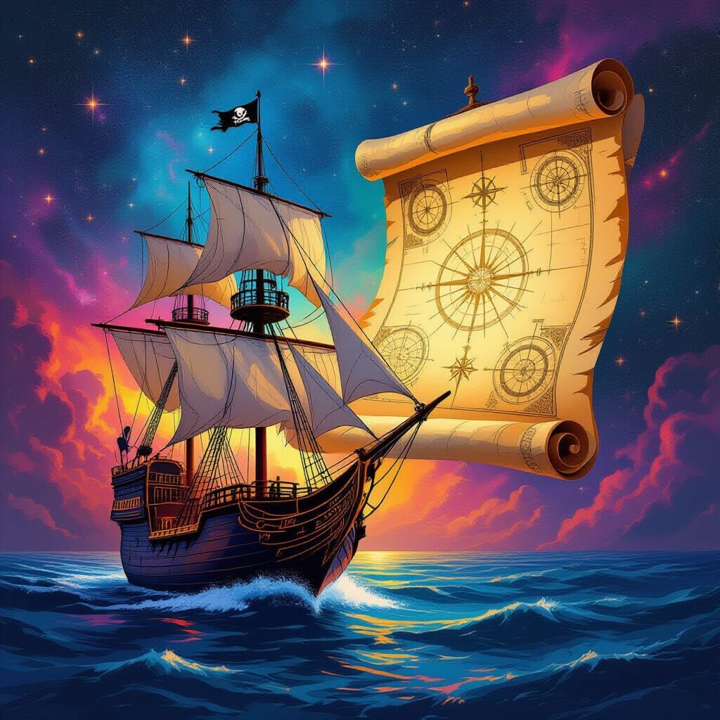 Pirate Ship Sails Through Nebula Amidst Cosmic Scroll