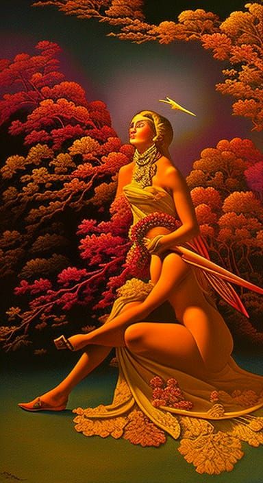 Surreal Brain Network with Woman and Walking Trees