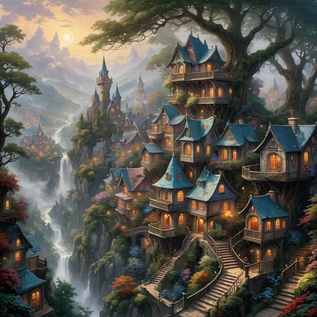 Ethereal Treetop City with Winding Staircases