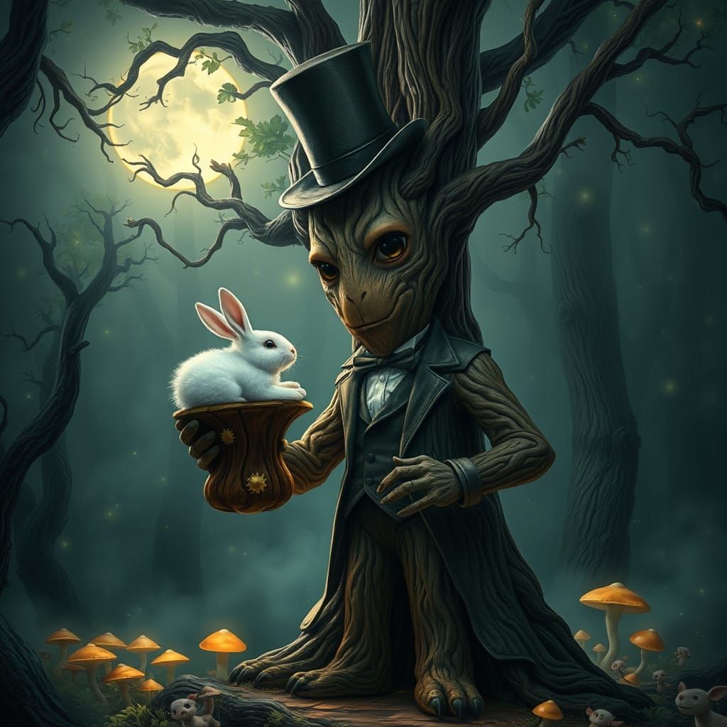 Enchanted Tree Magician Under Moonlit Forest Canopy