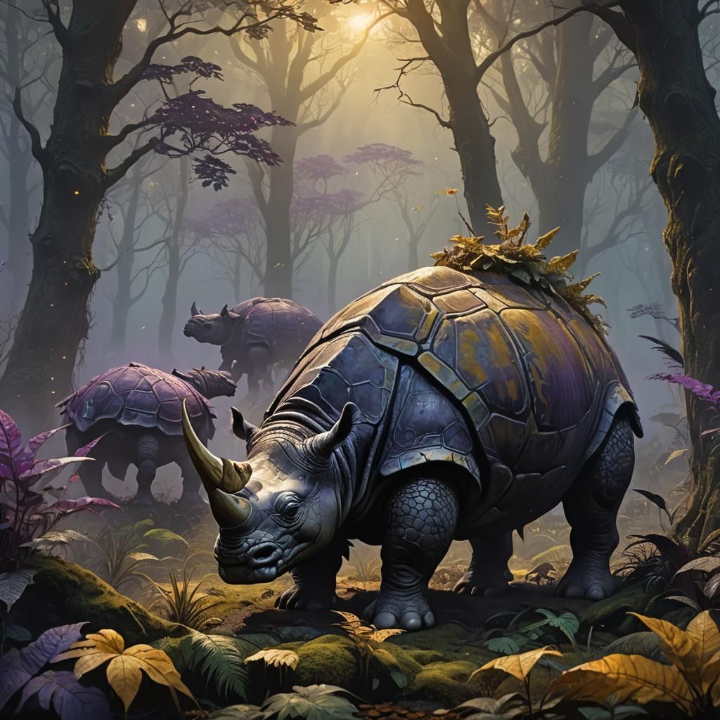Rhinoturtle in Misty Forest: Dark Fantasy Concept Art
