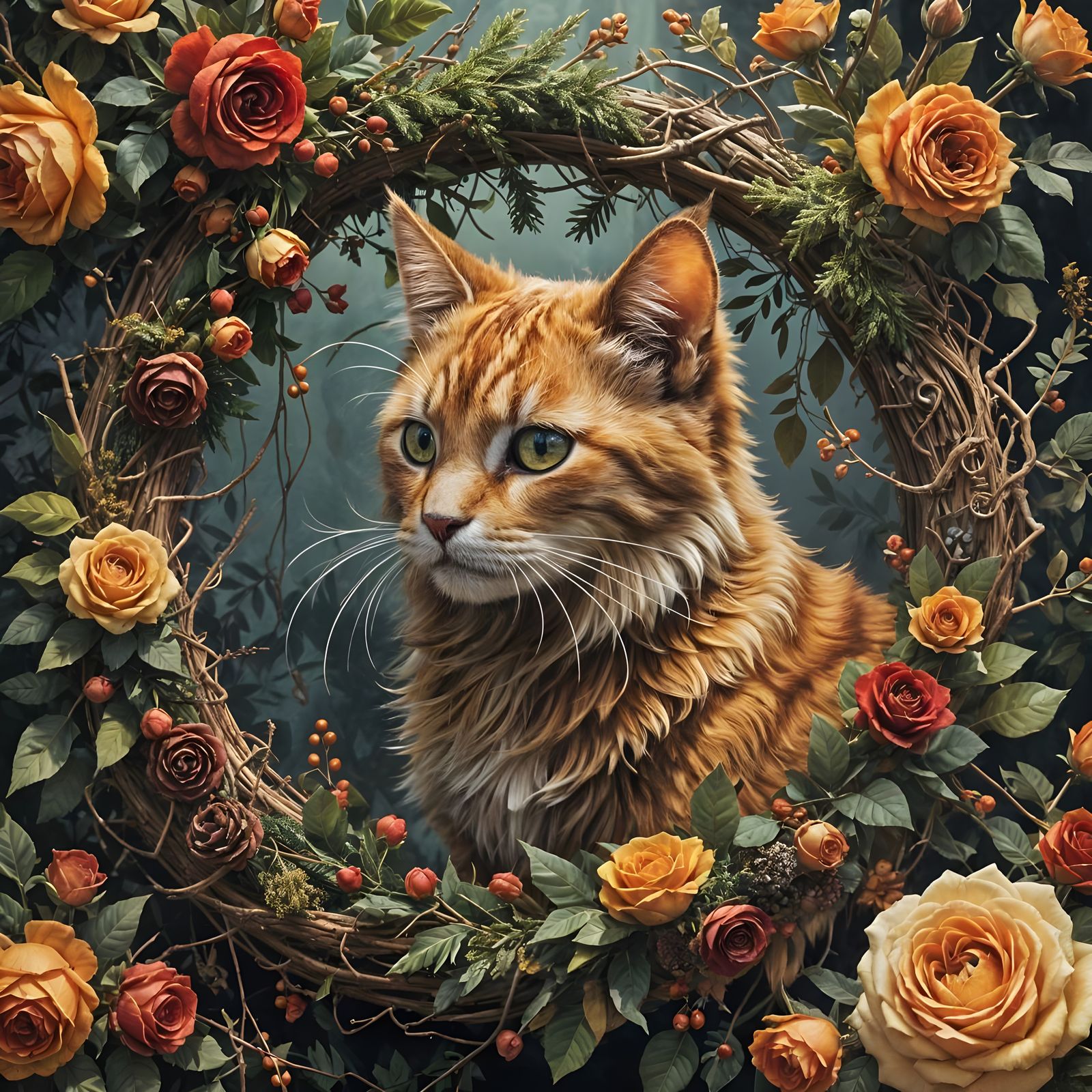 Whimsical Wreath in Warm Triadic Colors, a Maximalist Oil In...