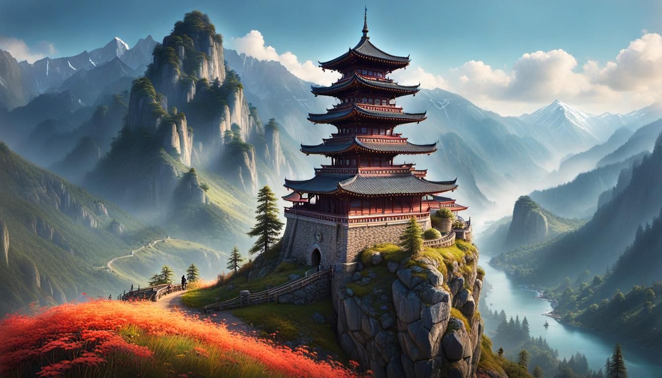 Cute Girl on Mountain Hill in Hyperrealistic Photo