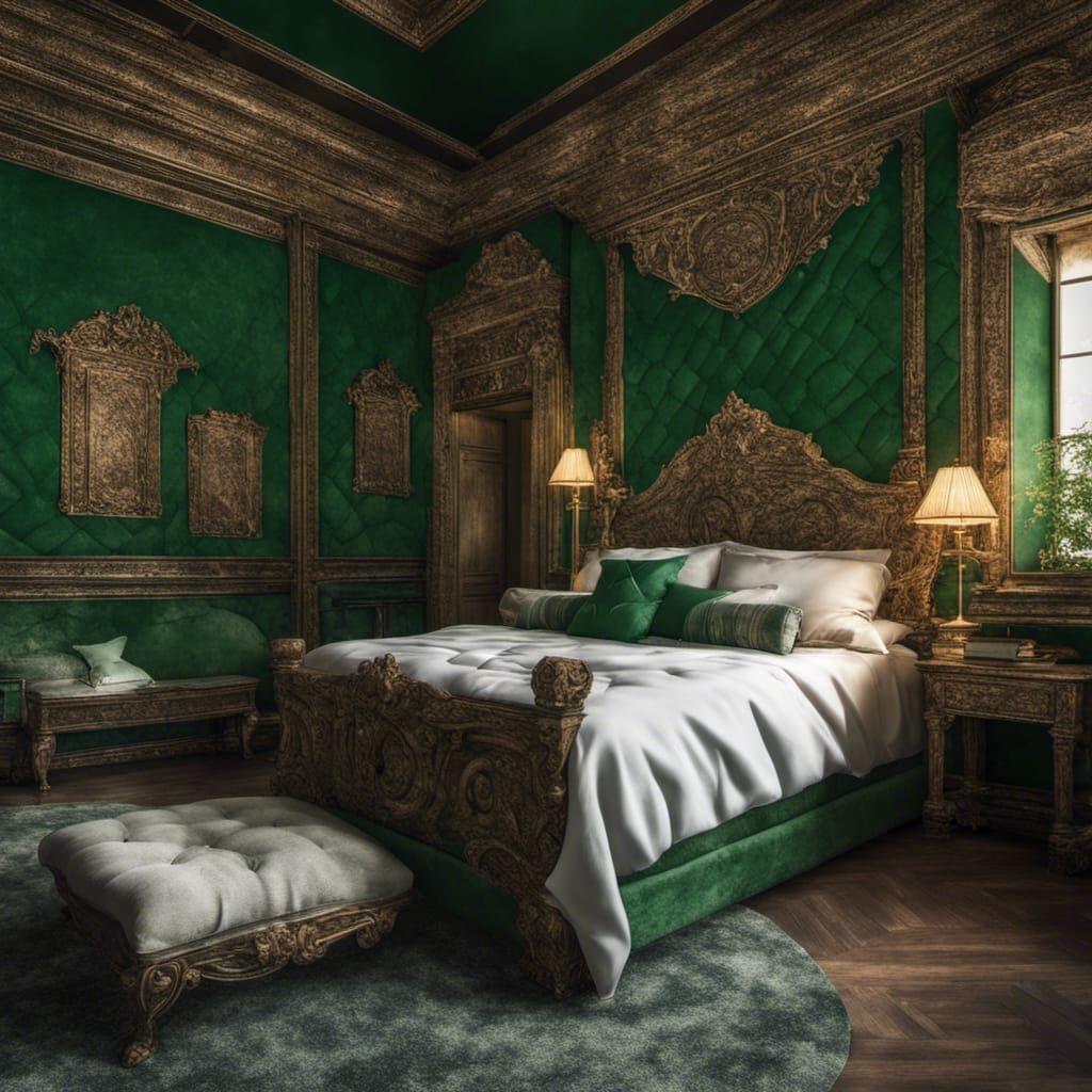 Royal Green Bedroom with Stone Walls in HDR