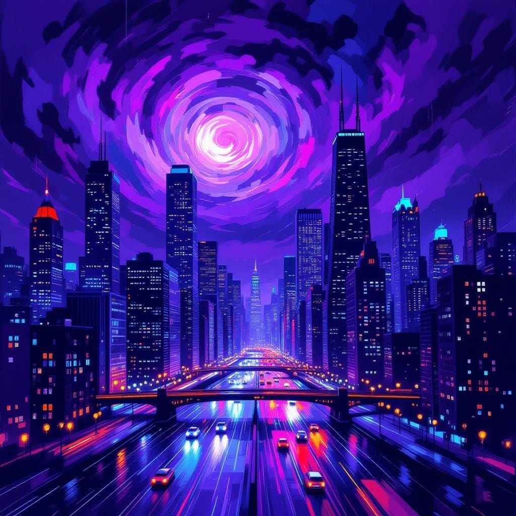 Turbulent Chicago Nightscape in Expressionist Style