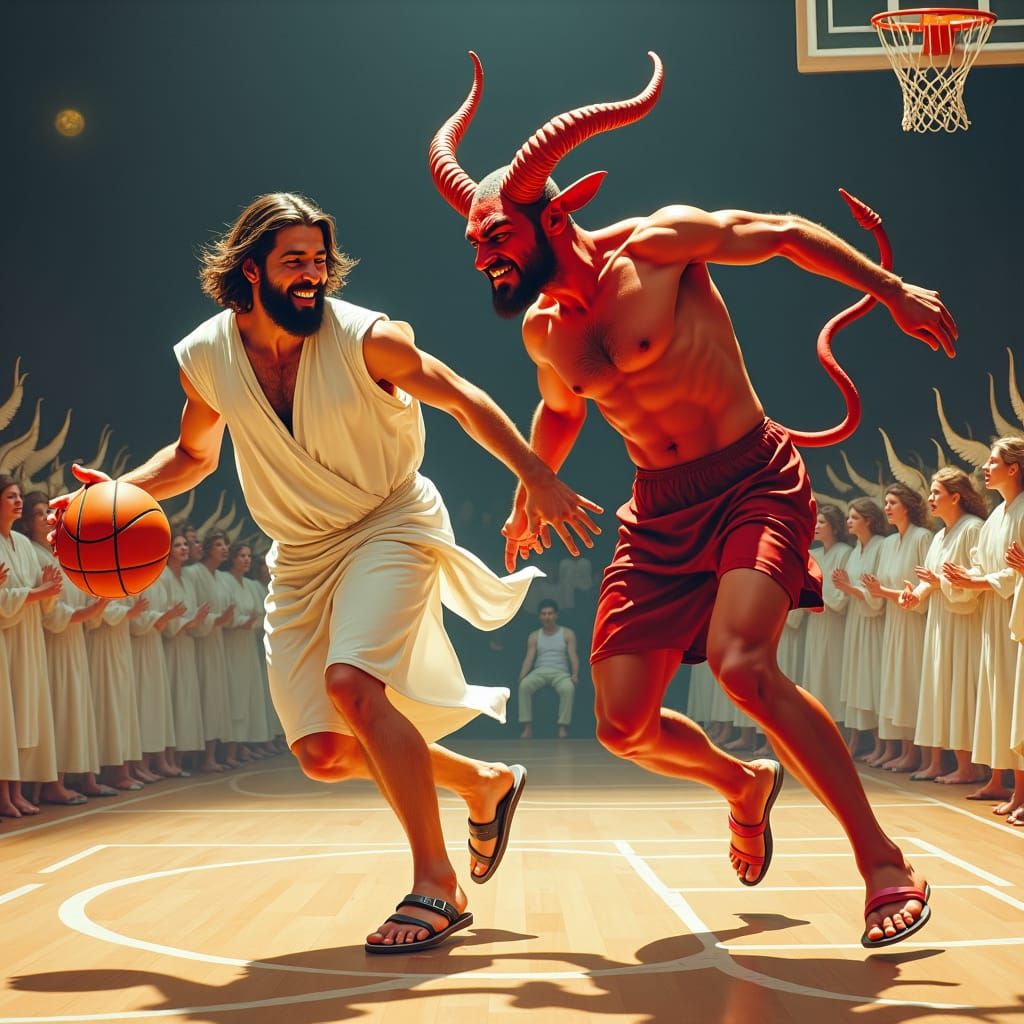 Jesus playing basketball with Satan