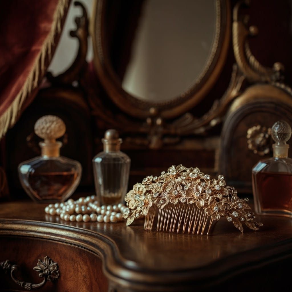 Elegant Edwardian Hair Comb in Golden Filigree with Cherry B...
