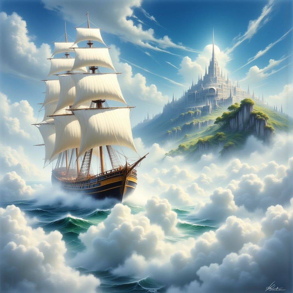 Majestic Feather-Sailed Boat Above White City, Surreal Oil