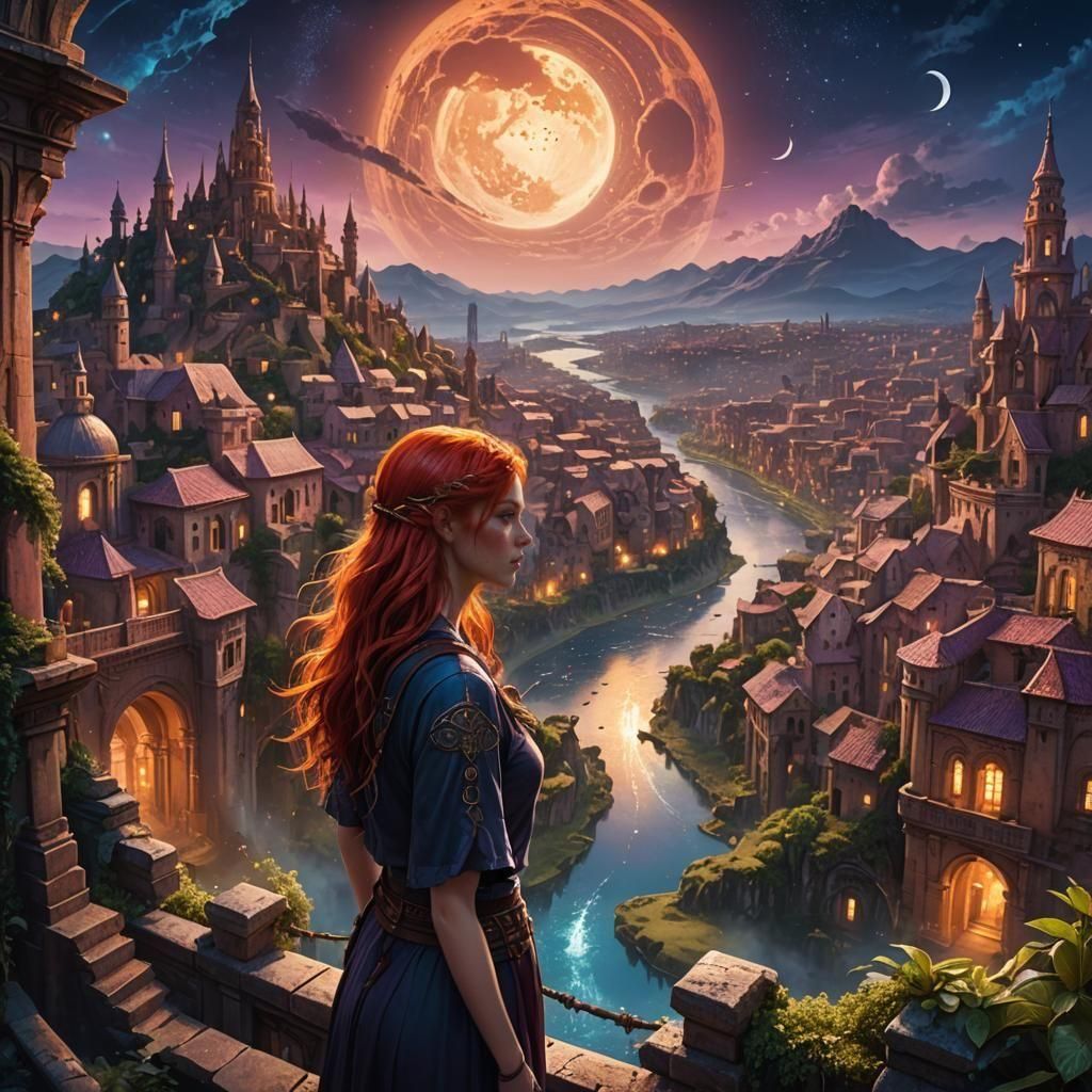 Forgotten City Under Twin Moons: Fantasy Art