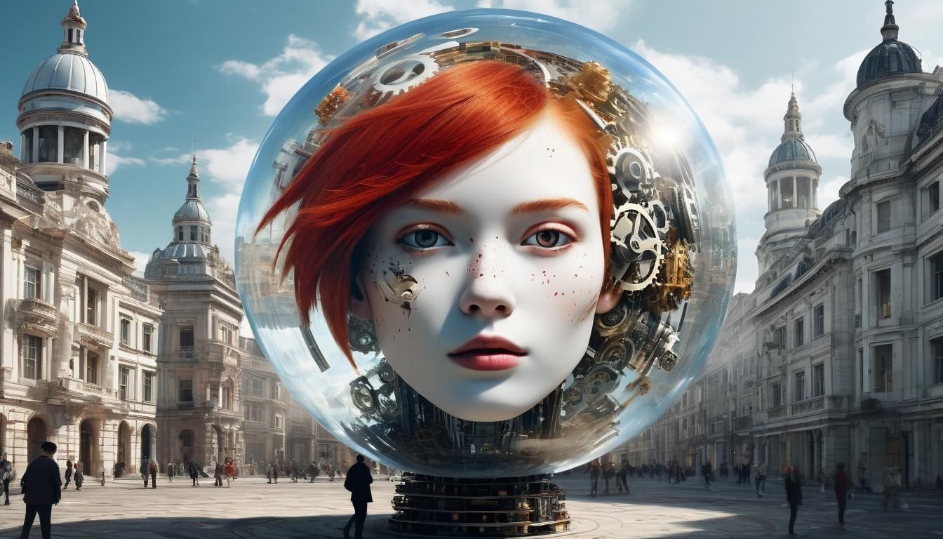 Surreal Steampunk Sphere with Floating Planets