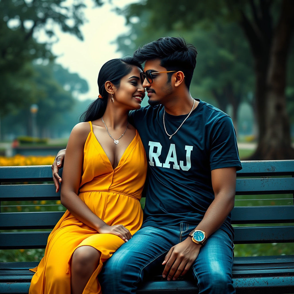 Romantic Indian Couple Embrace in Park, Matte Painting