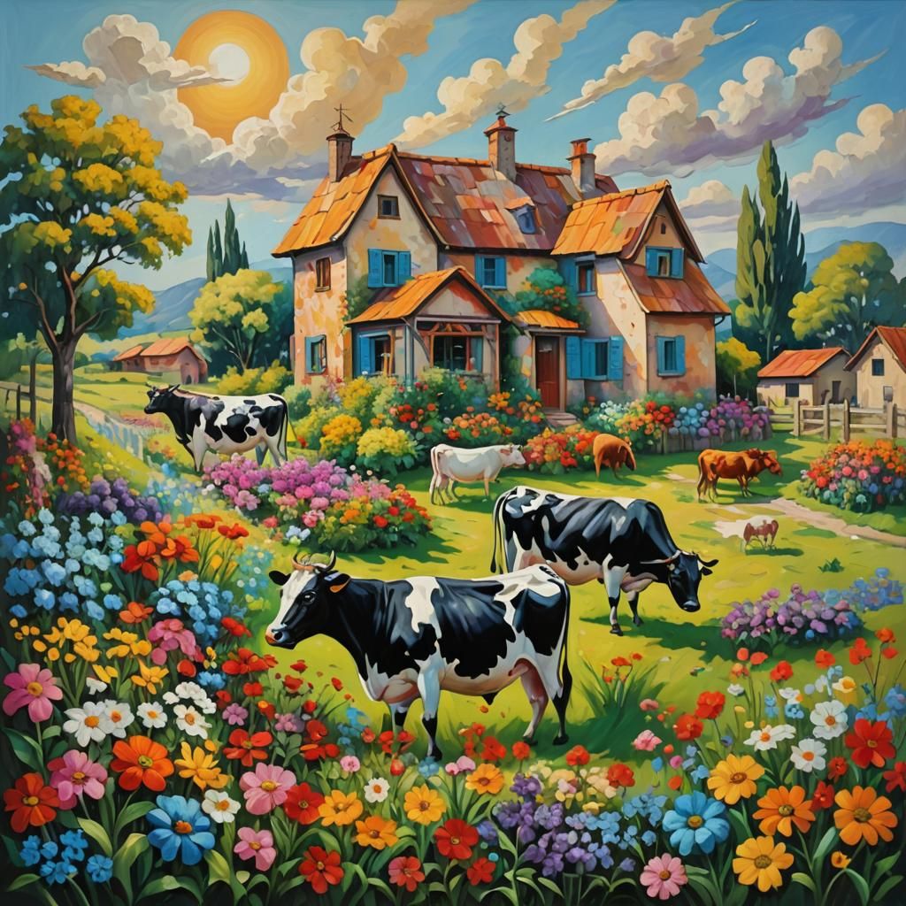 Surreal Village Scene as Oil Painting with Impasto Textures