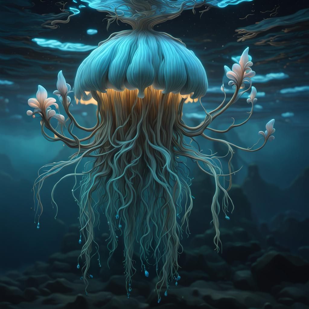 Bioluminescent Plant Swimming in Low Gravity Sky