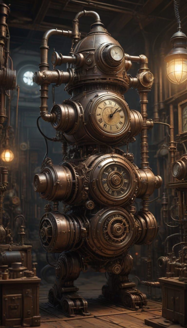 Steampunk Scientist Gnome Examines Intricate Robot