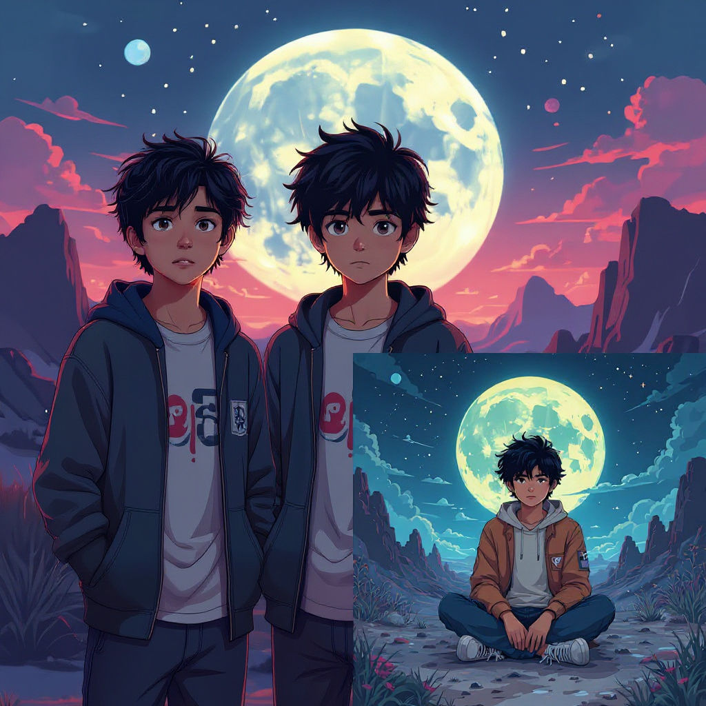 Anime Portrait of Introverted Indian Boy in Psychedelic Moon...