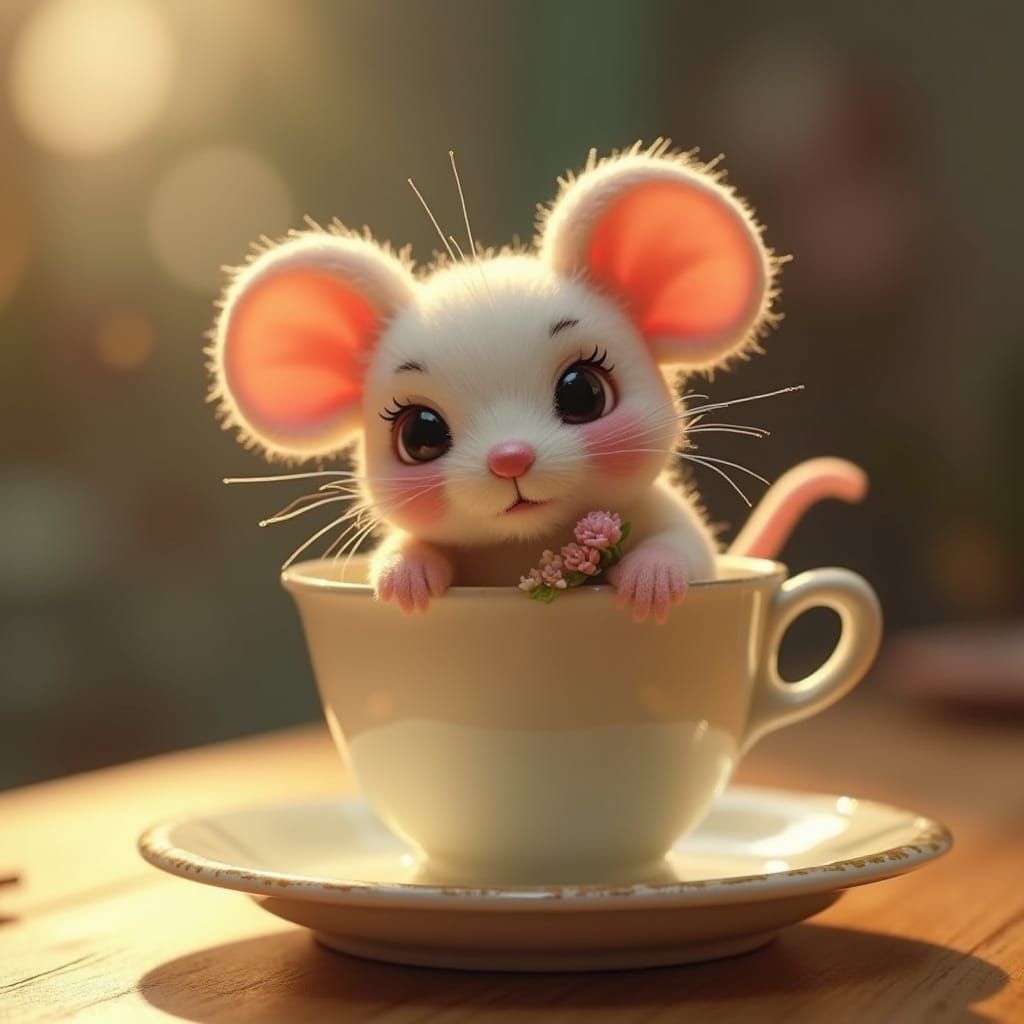 Shy Plush Mouse Peeking from Teacup in 3D Style