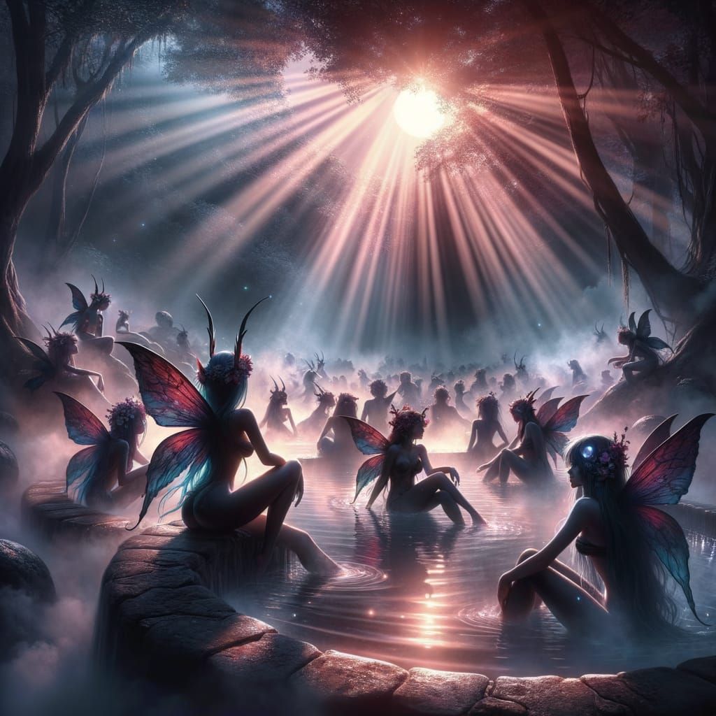 Dark Fairies Relaxing in Moonlit Hot Spring