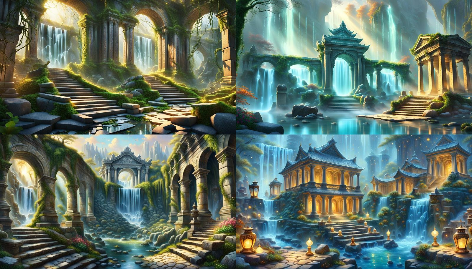 Ethereal Ancient Temple Library with Waterfalls