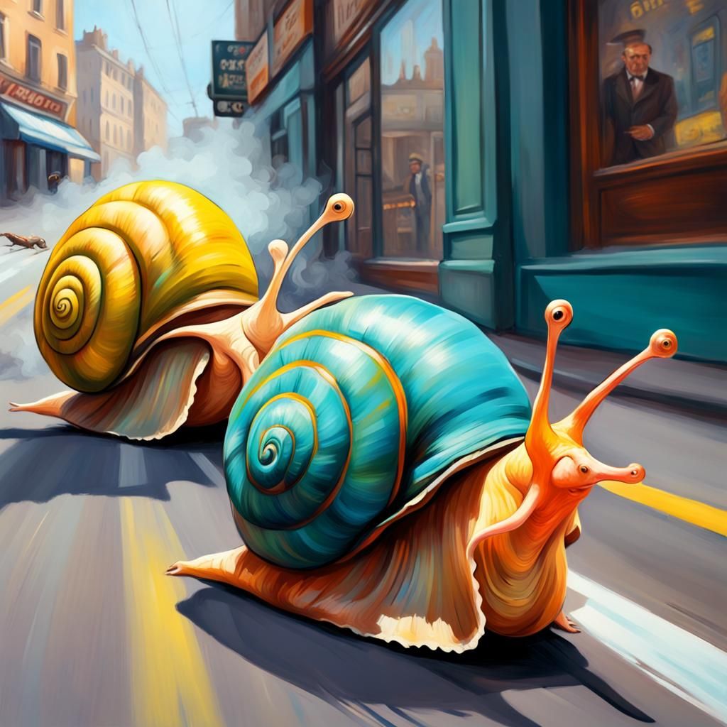 Snails' Street Race: An Oil Painting in Surreal Style