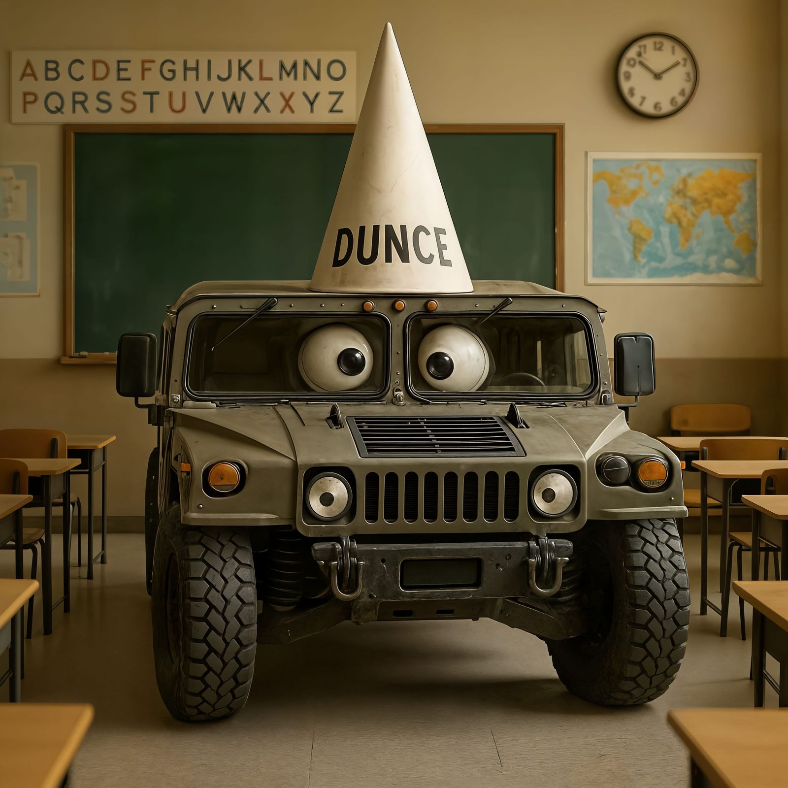 Confused Hummer Vehicle in Classroom, CGI Rendering