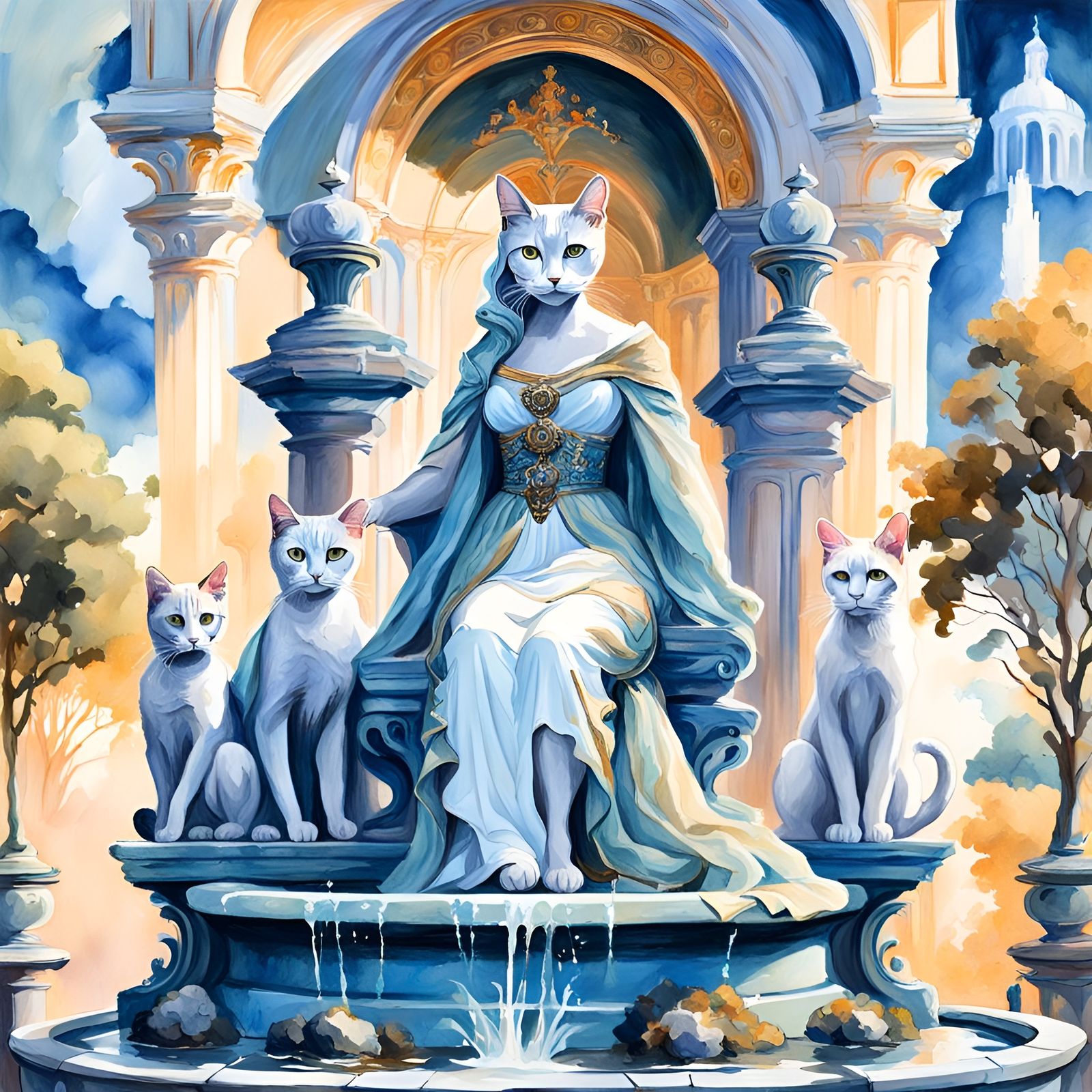 Goddess Athena, surrounded by cats
