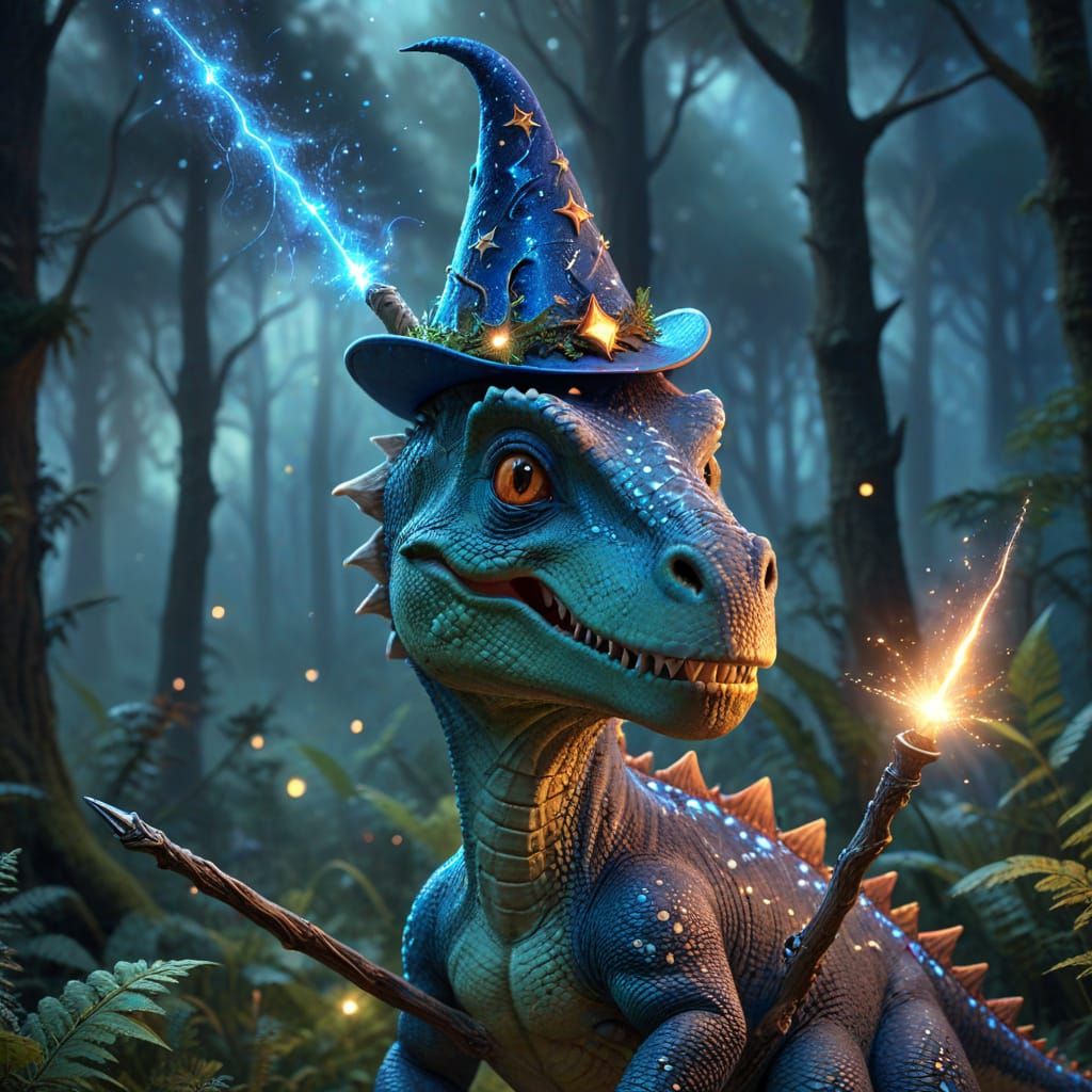 Dinosaur Wizard in Mystical Forest: Fantasy Art